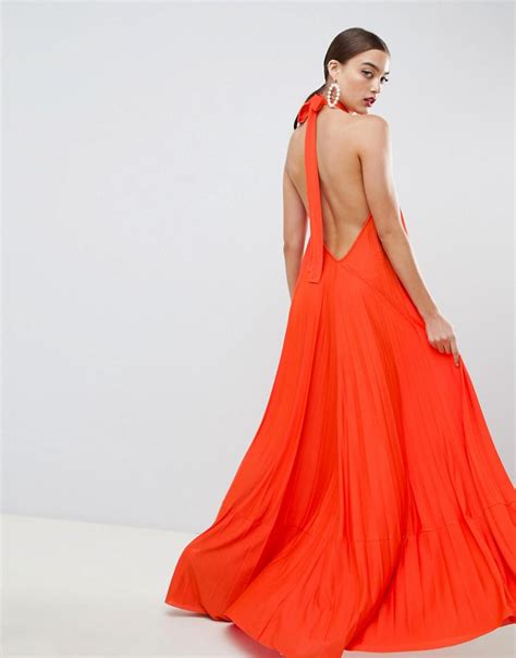 Asos Backless Halter Pleated Maxi Dress In Orange Lyst