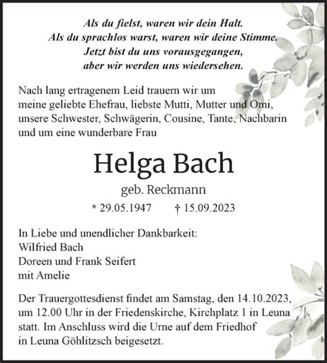 Traueranzeigen Von Helga Bach Abschied Nehmen De