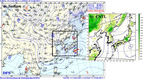 (a) Surface weather chart and (b) simulated surface pressure field from... | Download Scientific ...