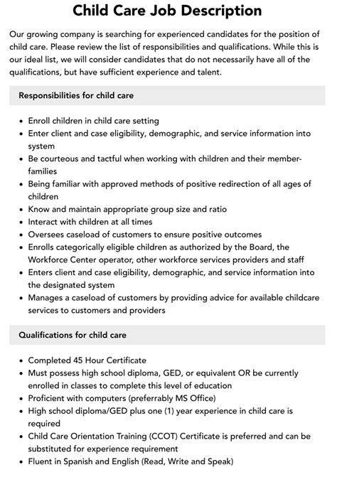 Child Care Job Description Velvet Jobs