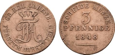 Oldenburg Cu 3 Pfennig 1848 Paul Friedrich August 1829 1853 Fast Sehr