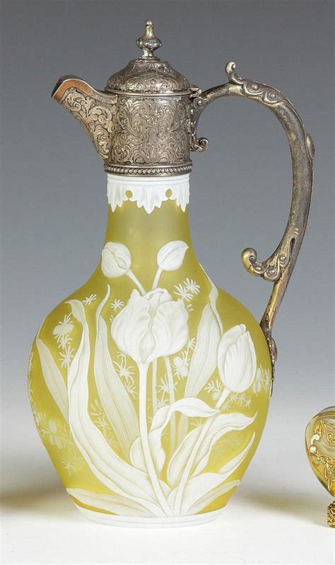 Thomas Webb Cameo Glass Claret Jug In Yellow With Tulip And Geranium Decoration And Silver