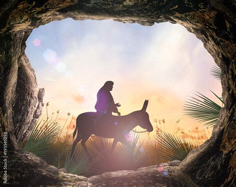 Easter Religious Concept Silhouette Jesus Christ Riding Donkey With