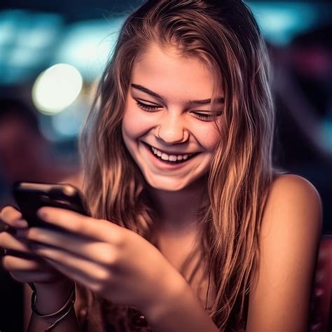 Adolescente Niña Sonriente Con Un Smartphone Foto Premium