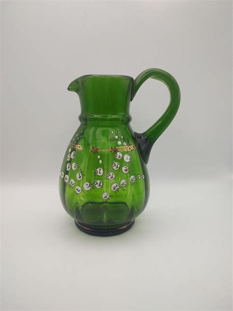 Victorian Large Green Glass Bohemian Jug White Hand Painted Lily Of The Valley Etsy