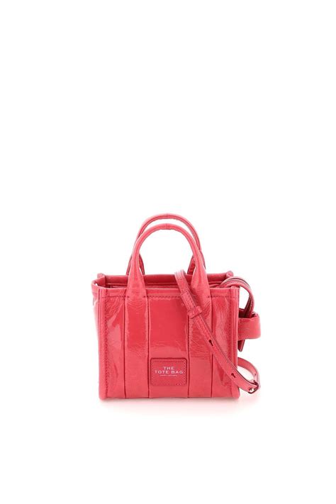 Marc Jacobs Leather The Shiny Crinkle Micro Tote Bag In Fuchsia Red