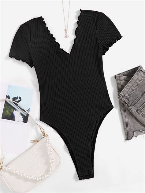 Shein Frenchy Lettuce Trim Ribbed Knit Bodysuit Shein Usa