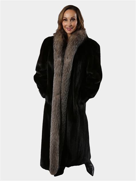 Ranch Mink Fur Coat With Indigo Fox Tuxedo Front Estate Furs