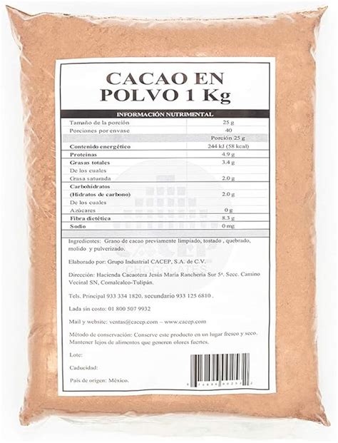 CACEP Cacao en polvo 1Kg Cocoa natural sin azúcar Orgánico