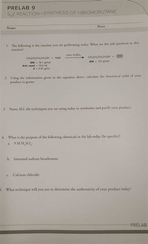 Solved Prelab Sn Reaction Synthesis Of Bromobutane Date Chegg