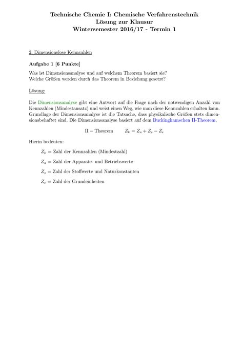 Technische Chemie I Musterl Sung Zur Aufgabe Dimensionslose