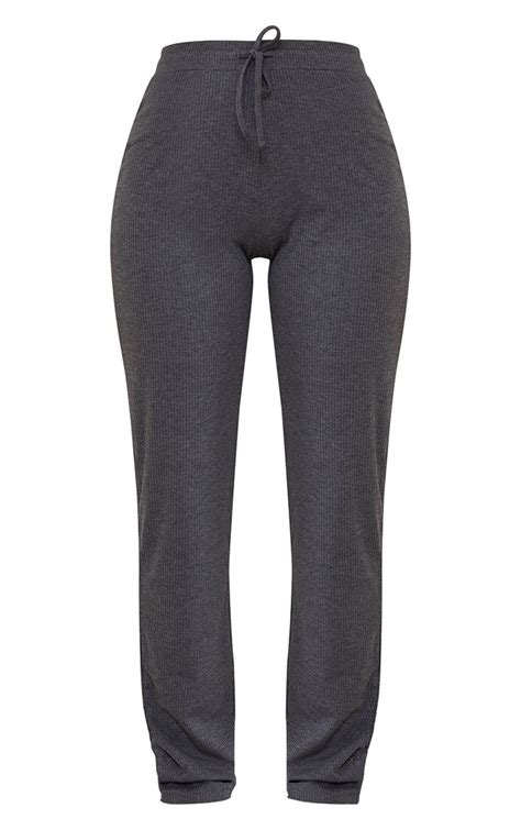 Charcoal Grey Rib Straight Leg Trousers Prettylittlething Usa