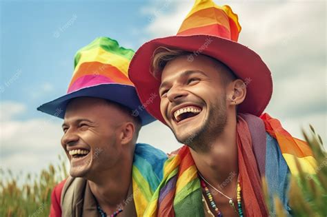 Um Lindo Casal Gay Feliz Com Cores Do Arco íris Em Um Campo De Flores