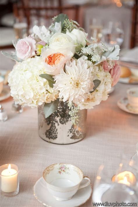 Mercury Glass Vase Filled With Blushed Centerpiece Juliette Garden Roses With D With Images