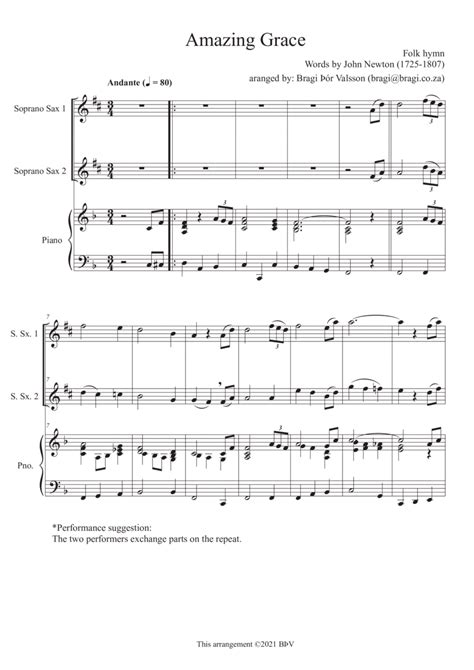 Amazing Grace Duet For Two Soprano Saxophones With Piano Accompaniment Arr Bragi Thor