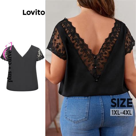 Lovito Blusa Casual De Renda De Malha Lisa E Contrastante Para Mulheres