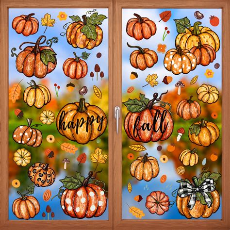 Amazon.com: YUJUN 6 Sheets Thanksgiving Fall Window Clings,Pumpkin Maple Leaves Oil Painting ...