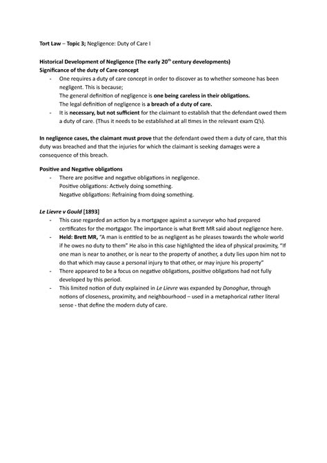 Tort Topic 3 Negligence DUTY OF CARE I Tort Law Topic 3