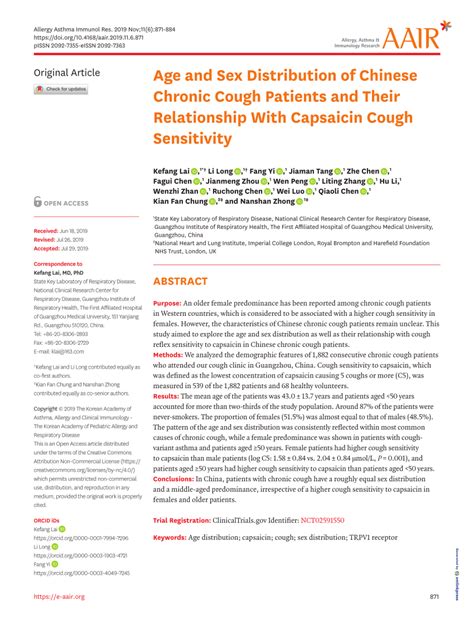 Pdf Age And Sex Distribution Of Chinese Chronic Cough Patients And Their Relationship With