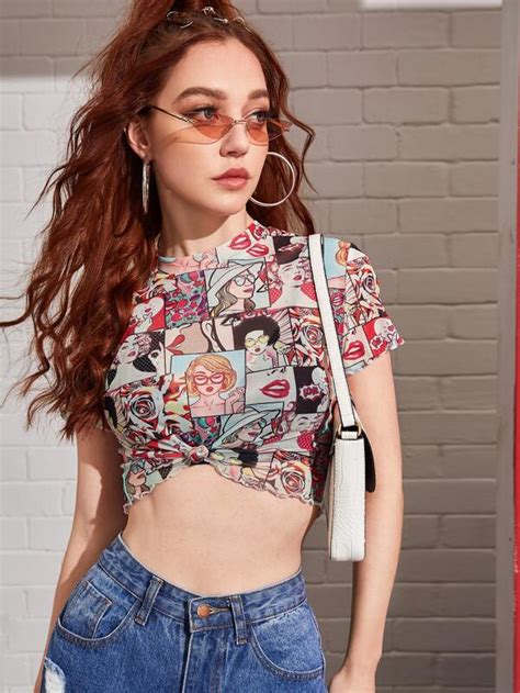 Shein Ezwear Top Corto De Malla Con Estampado De Arte Pop Ribete En Forma De Lechuga De Cuello