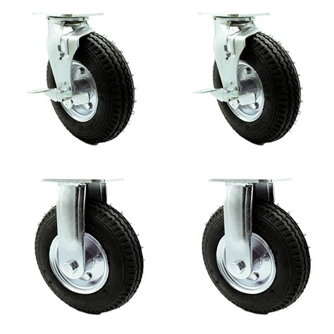 8 Inch Swivel Pneumatic Casters Set Of 4 Black Rubber Wheels