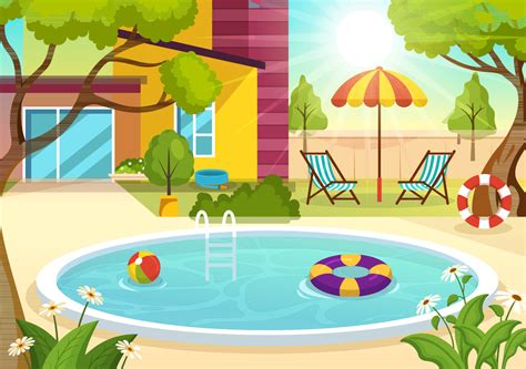 Swimming Pool Vector Illustration With Summer Vacation Landscape