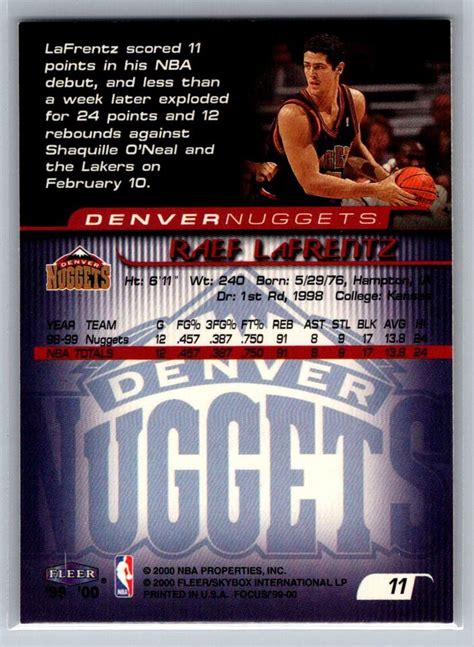 Raef LaFrentz 11 Denver Nuggets 1999 00 Fleer Focus EBay