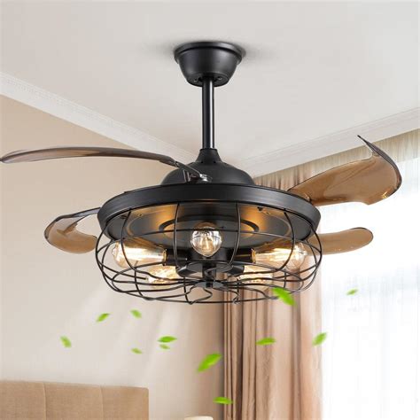 Antoine In Industrial Indoor Black Caged Ceiling Fan With Light And