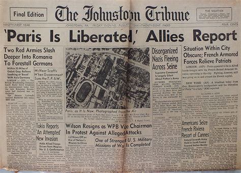 The Johnstown Tribune Wwii August 25 1944 Paris Is Liberated