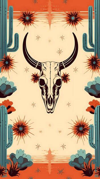 Premium Ai Image Buffalo Skull And Cactus Hand Drawn Illustration Seamless Pattern Wild West