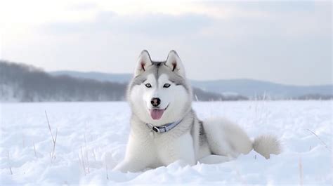 Un Perro Husky Tendido En La Nieve Con La Nieve En El Suelo Foto Premium