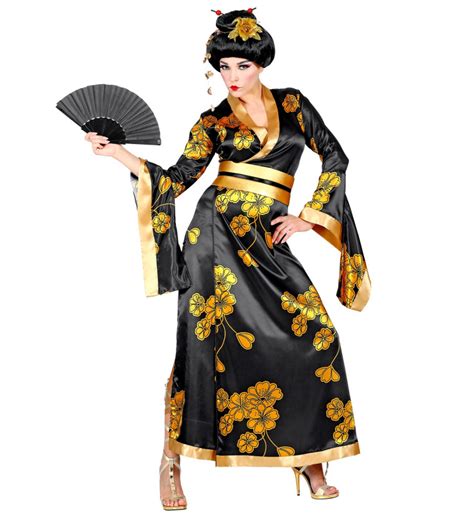 Geisha Kostüm Karneval in schwarz mit Blumen Japanerin Folklore