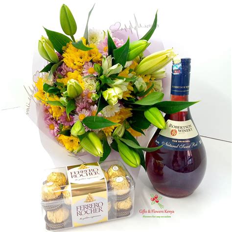 Tropical Flower Bouquet With Chocos Wine Gifts And Flowers Kenya