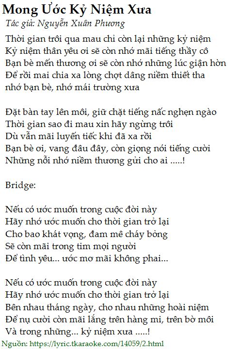 Lời Bài Hát Mong Ước Kỷ Niệm Xưa Nguyễn Xuân Phương Có Nhạc Nghe