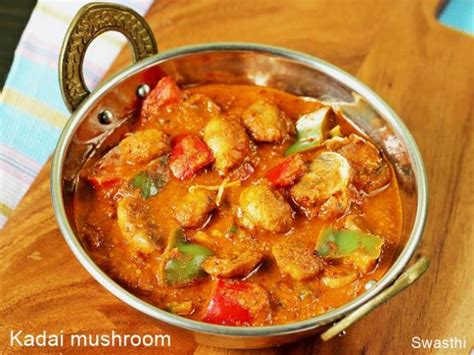 Kadai Mushroom Recipe Semi Dry Gravy Swasthi S Recipes