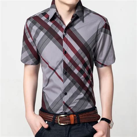 6xl Red And Black Plaid Shirt Men Summer Mens Short Sleeve Dress Shirts