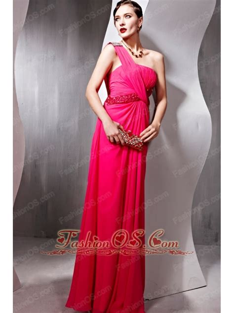 Coral Red Empire One Shoulder Floor Length Chiffon Beading Prom Dress