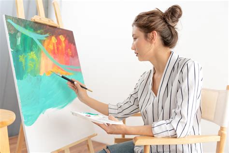 Professional Female Artist Girl Use Paintbrush In Abstract Art For