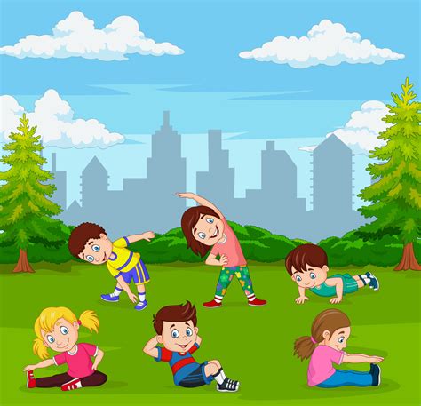 Cartoon kids doing yoga in green city park 5332288 Vector Art at Vecteezy