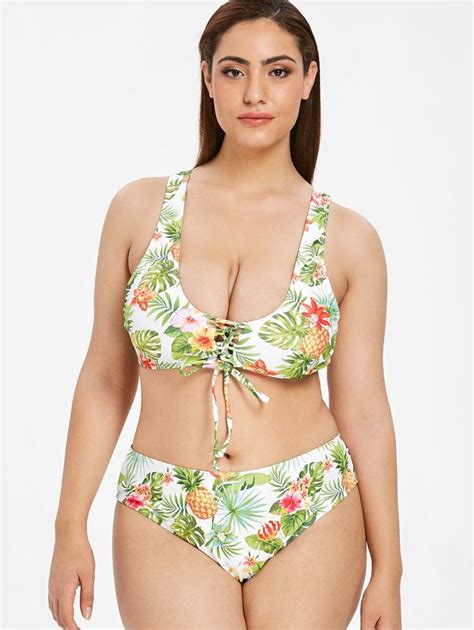 Zaful Plus Size Pineapple Floral Lace Up Bikini Set White Sponsored