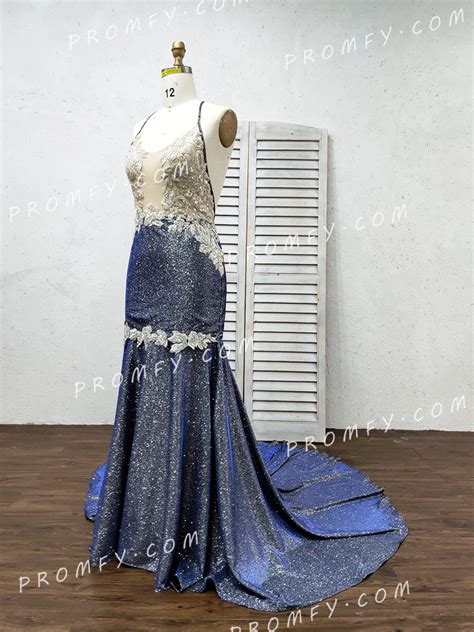 Promfy Glitter Lace Plunging Neckline Mermaid Prom Dress