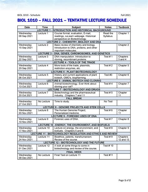 Biol Lecture Schedule Fall Biol Schedule Fall