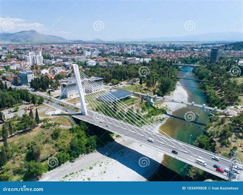 Aerial View Of Millennium Bridge Over Moraca River In Podgorica