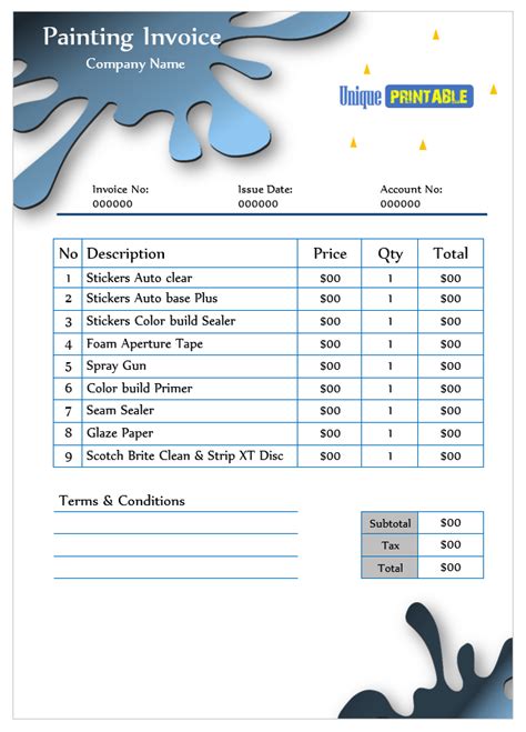 Painting Invoice Template 10 Free Unique Printable Templates