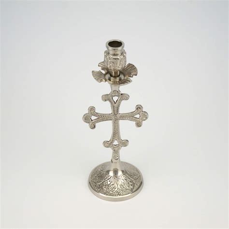 Cross Design Engraved Nickel Plated Candlestick Blessedmart