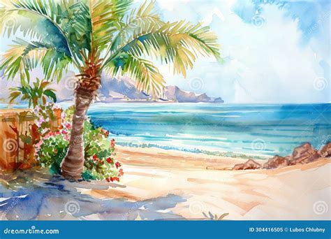 Watercolor Painting Of Palm Trees Palm Tree On The Beach With Sea