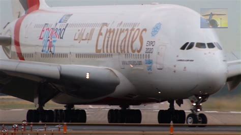 Emirates A380 Duesseldorf Close Up Front Landing At Rwy 23l And Taxi