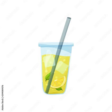 Glass Of Lemonade With Ice Cubes Lemon Slices And Mint Leaf On White Background Flat Food