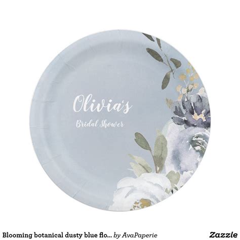 Blooming Botanical Dusty Blue Floral Bridal Shower Paper Plate Blue