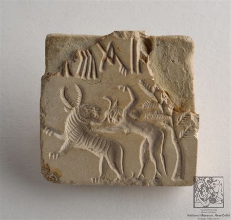 Seal showing a human fighting tiger including tree and four pictograms ...